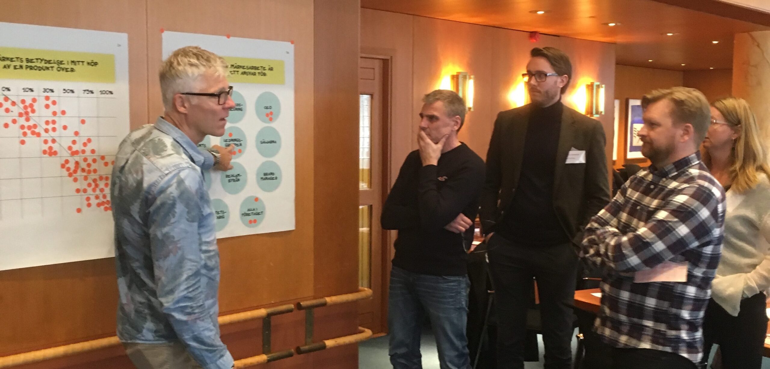 Staffan leder en grupp framför en vägg med resultat